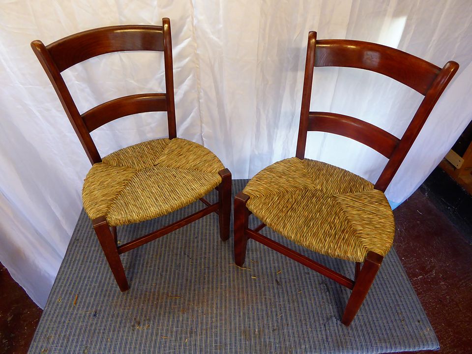 Pair of ladder-back chairs with rush seats